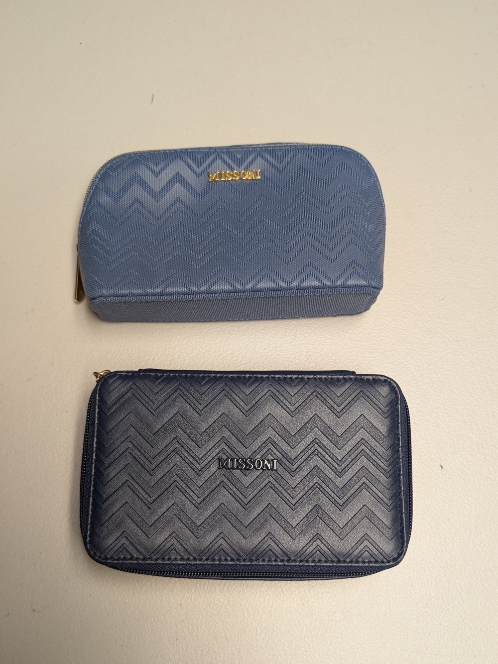 Set Of 2 Missoni Navy and Light Blue Chevron First Class AirlineToiletry Pouches